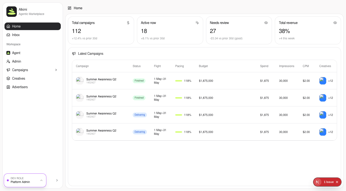 Agentic Marketplace buyer dashboard with campaign metrics